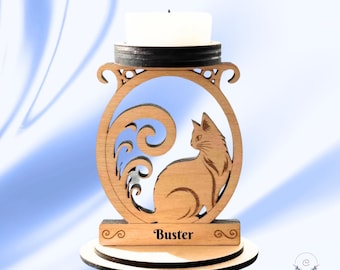 Something Different Handcrafted Wooden Curled Cat Tealight Holder With A Flower Shaped Tealight