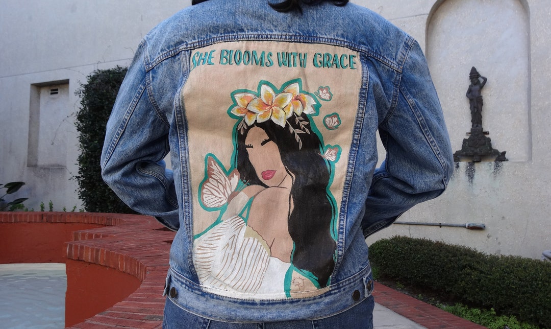 ★THE MUSEUM VISITOR★ HAND PAINTED DENIM JACKET BROWN 10117 Custom Houston Astronaut Be Someone Stain Glass Window Denim