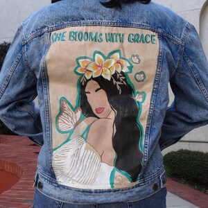 She Blooms with Grace Jacket. Hand painted denim jacket, jean jacket.