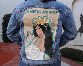 She Blooms with Grace Jacket. Hand painted denim jacket, jean jacket.