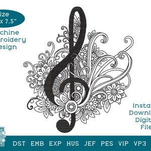 Pode incluir: Desenho de bordado de máquina preto e branco de uma clave de sol com detalhes florais intrincados. O desenho mede 6,6 polegadas por 7,5 polegadas.