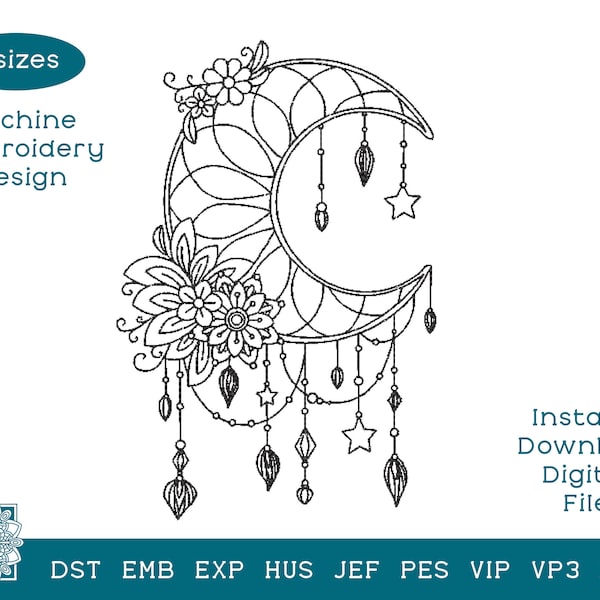 Moon Dream Catcher Broderie, Boho Dreamer Machine Brody Design, Celestial Digital Download File.