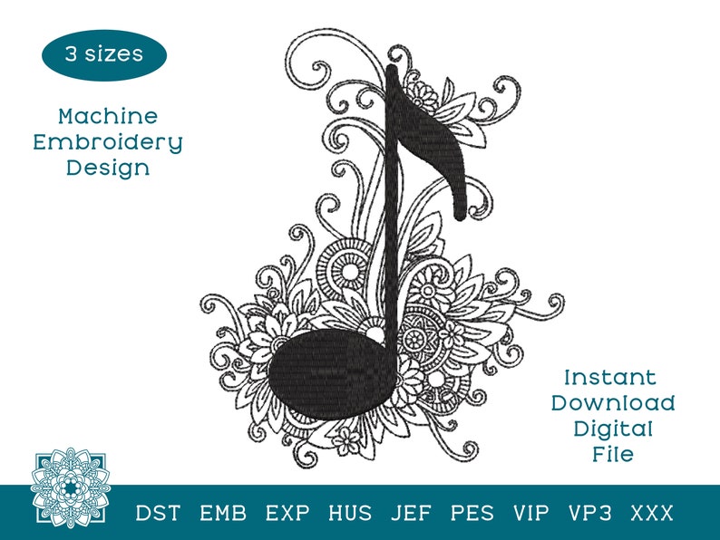 Music Note Embroidery Design, Floral Note Machine Embroidery, Music