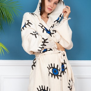 Boho Evil Eye Muslin Bathrobe - Handmade Kimono Long Robe, Beach Cover-up - Unique Mother&#39;s Day Gift Idea