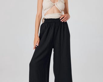 Wide Leg Cotton Palazzo Pants: Flowy Boho Beach Trousers