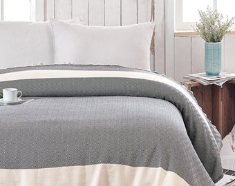 Handwoven Turkish Cotton Throw Blanket: Diamond Pattern Boho Bedspread