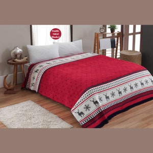Luxury Scandi Reversible Large Cotton Blanket, Soft Warm Fluffy Double-Sided Christmas Bedspread, 200x220 cm