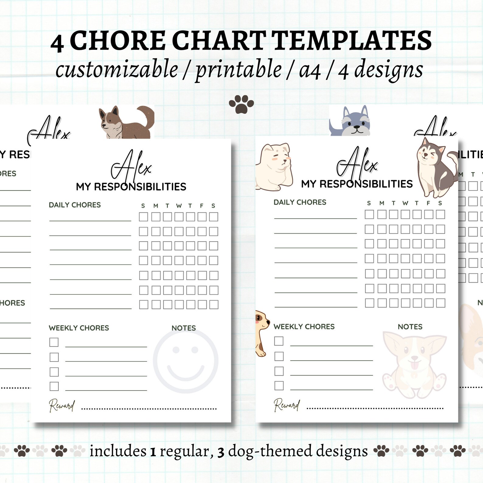 Responsibility Chore Chart dog Theme for Kids Name Customizable Daily
