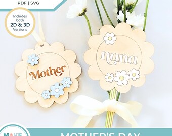 Mother's Day Gift Set, Retro Floral Laser Cutting File, Mothers Day Flower Plant Spike, Mom Cake Topper, Gift for Grandma, 3D Laser Cut File