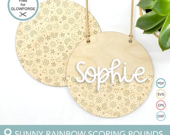 SVG Scoring Only Rounds Set, Laser Ready SVG cut File for Glowforge and laser machines, Rainbow Flower Heart Star Sign Backer or door hanger