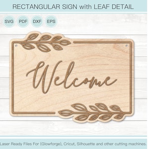 以下が含まれることがあります： 中央に「ようこそ」という文字がくり抜かれた木製の看板。看板の上下には葉っぱの装飾が施されています。レーザーカットされており、家の装飾やクラフトに最適です。