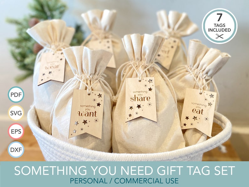 May include: A set of seven wooden gift tags with a star and snowflake design. The tags are labeled with the text "something you wear", "something you want", "something you share", "something you eat".