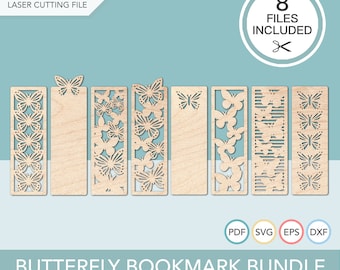 バタフライ ブックマーク SVG、Glowforge ブックマーク バンドル、8 ピース セット、Cricut 用デジタル カット ファイル、パターン、Glowforge SVG パターン