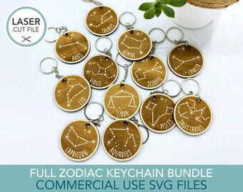 Zodiac SVG Bundle, Star Sign Charm SVG, Complete Set of Zodiac Keychain Laser Cutting Files, Engraving Cut Files for Glowforge