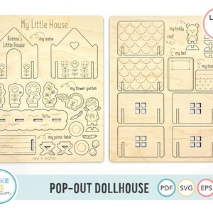 May include: A printable pop-out dollhouse design with a flower garden, picnic table, and a teddy bear. The design includes the text "My Little House" and "Ronnie's Little House".