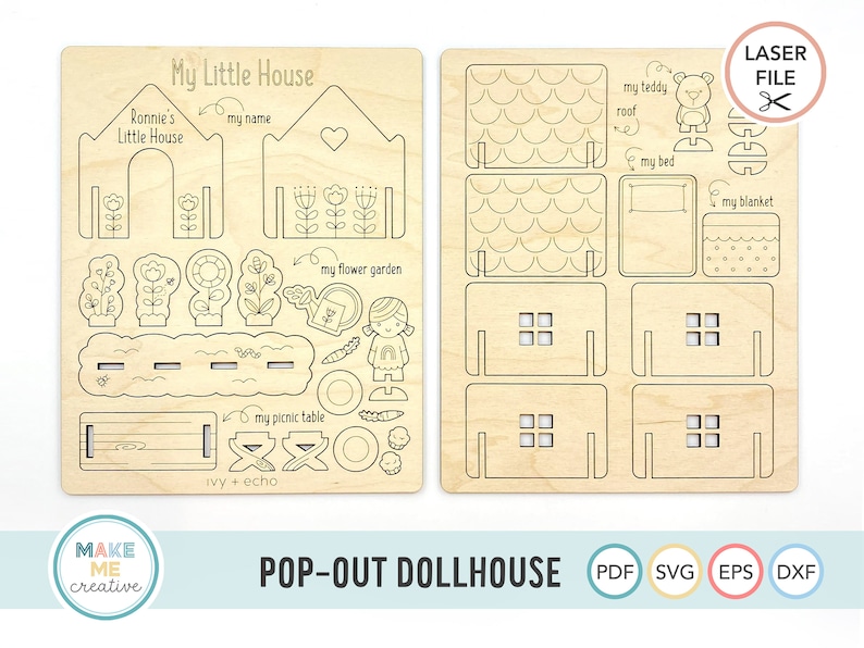 May include: A printable pop-out dollhouse design with a flower garden, picnic table, and a teddy bear. The design includes the text "My Little House" and "Ronnie's Little House".