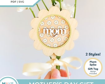 Mother's Day Gift Set, Retro Floral Laser Cutting File, Mothers Day Flower Plant Spike, Mom Cake Topper, Gift for Grandma, 3D Laser Cut File