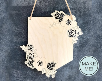Flower Banner SVG, Floral Laser Cut Hanging Sign, Files For Glowforge, PDF Laser Cut Files, Floral Wooden Door Hanger