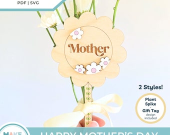 Mother's Day Gift Set, Retro Floral Laser Cutting File, Mothers Day Flower Plant Spike, Mom Cake Topper, Gift for Grandma, 3D Laser Cut File