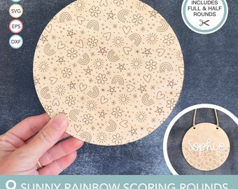 SVG Sign Backer, Scoring Only Pattern Rounds, Laser Ready Cut File for Glowforge and laser machines, Rainbow Flower Heart Star door hanger