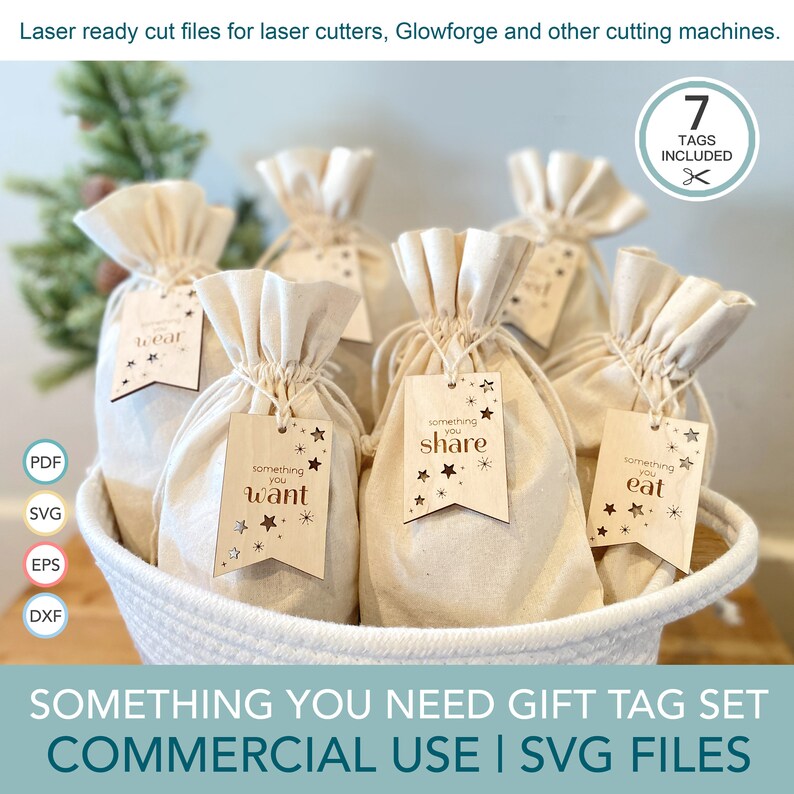 May include: A set of seven wooden gift tags with a star design and the text "something you wear", "something you want", "something you share", "something you eat". The tags are attached to small white fabric bags in a white wicker basket. The text "SOMETHING YOU NEED GIFT TAG SET COMMERCIAL USE | SVG FILES" is at the bottom of the image.