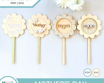 Mother's Day SVG Bundle, Mothers Day Laser Ready Digital File, Mom Flower Plant Spike and Gift Tag Set, Laser Cutting File, Gift for Grandma