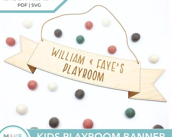 Kids Name Sign SVG, Kids Door Hanger Laser Cutting File, Hanging Baby Nursery Decoration, Ribbon Banner Laser File, Engrave Score SVG PDF