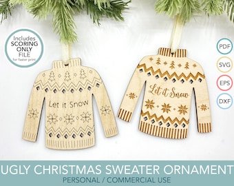 Christmas Sweater SVG, Ugly Holiday Sweater Ornament Laser Cut File, Scoring Only Files, Glowforge Xmas SVG Cut Files