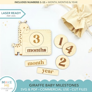 Marcadores de hitos de bebé de jirafa SVG, discos de hitos de bebé mensuales cortados con láser, decoración de guardería de animales del bosque, archivo digital de regalo de baby shower