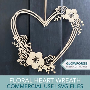 バレンタインデー SVG、バレンタイン ハート カット ファイル、ハート SVG、フラワー ハート ドア ハンガー、ラブ SVG、Glowforge レーザー カット パターン、Cricut SVG