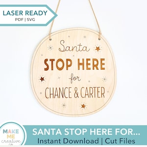 Cartello "Santa si ferma qui", appendino circolare per porta con scritta "Benvenuto Santa", file di taglio laser natalizio, decorazioni natalizie personalizzabili per bambini, PDF SVG