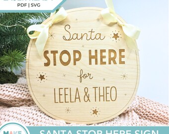 Santa Door Hanger SVG, Santa Stop Here For Customizable Kids Christmas Sign, Merry Christmas Circular Door Hanger, Christmas Decorations PDF