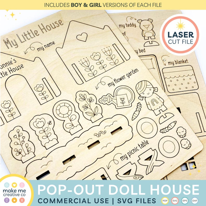 Kids Dollhouse SVG, Pop Out Toy House Laser Cut File, Kids Playhouse With Garden Bed And People Laser Cut File, Glowforge Files Children image 1