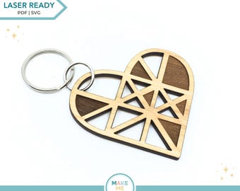 Heart SVG Keychain Geometric Heart Svg Laser File Wooden Heart Charm Keychain Gift Wife Heart Keychain Svg Custom Charm Laser Cut