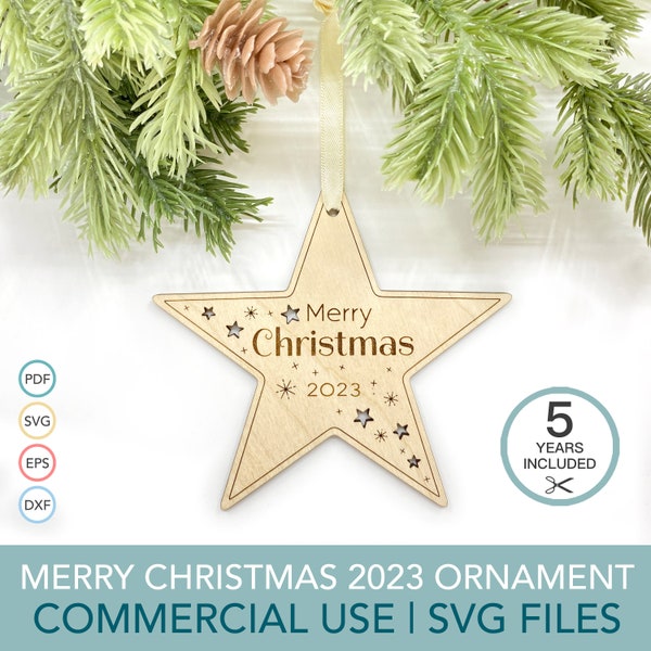 Christmas Ornament SVG, Christmas Star Cut File, Merry Christmas 2023 Laser Cut File, Glowforge Files