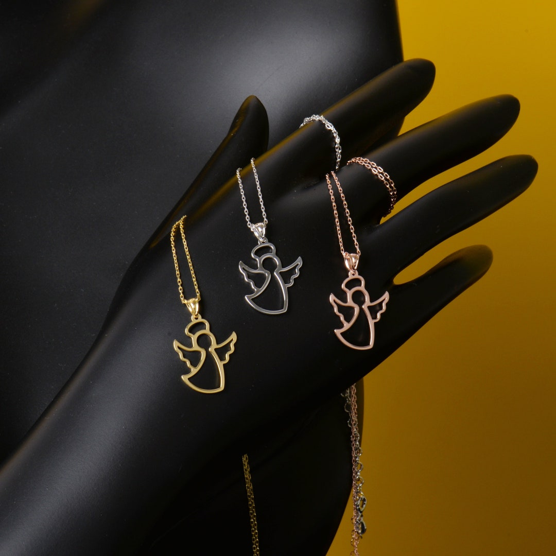 Gold Guardian Angel Necklace, Tiny Angel Necklace, Rosegold Angel Charm