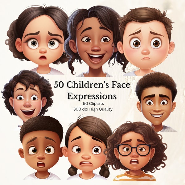 Emotional Expressions Clipart Bundle,50 Children's Face Expressions, 300dpi, high resolution, Instant Download