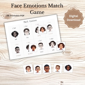 Pode incluir: Um jogo de PDF A4 imprimível para combinar emoções. O jogo apresenta 12 cartas com diferentes expressões faciais e palavras de emoção correspondentes como "triste", "tímido", "sinto muito", "animado", "irritado", "chocado", "cansado" e "doente".