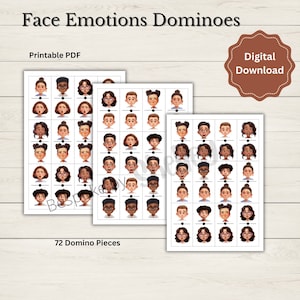 Pode incluir: Download PDF imprimível de 72 dominós com diferentes expressões faciais. Cada dominó tem duas faces com várias emoções, como felicidade, tristeza, surpresa e raiva. Os dominós são projetados para fins educacionais e podem ser usados para ensinar crianças sobre emoções.