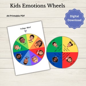 Pode incluir: Duas rodas de emoções imprimíveis para crianças. A primeira roda tem um círculo colorido com diferentes emoções representadas por rostos de desenhos animados. A segunda roda tem quatro zonas de cor com emoções listadas em cada zona.