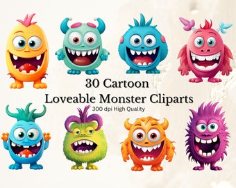 Monster Clipart Bundle - 30 adorables monstres Clipart - Digital Instant Download - 300dpi, haute résolution, Cartoon clipart