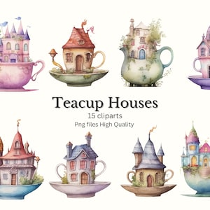 Pacchetto di clipart Enchanting Teacup House: 15 PNG magici per design stravaganti, diari spazzatura, ad alta risoluzione