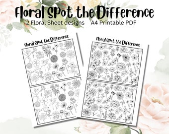 Floral Spot the Difference Activity sheet, Kids and Adults Puzzle Sheets, Flower theme
