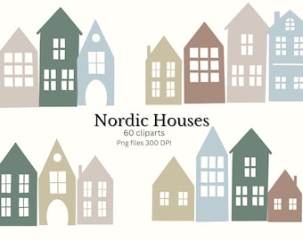 Nordische Häuser Dorf Szene, 60 handgezeichnete Bilder mit transparentem Hintergrund, PNG
