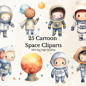 Paquete de imágenes prediseñadas espaciales de dibujos animados: 25 descargas digitales para creatividad cósmica / astronautas, extraterrestres, planetas y más, 300 ppp
