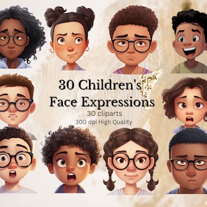 Paquete de imágenes prediseñadas de expresiones emocionales, 30 expresiones faciales para niños, 300 ppp, alta resolución, descarga instantánea