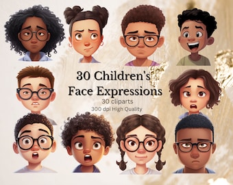 Emotionale Ausdrücke Clipart Bundle, 30 Kinder Gesichtsausdrücke, 300dpi, hohe Auflösung, Sofortiger Download