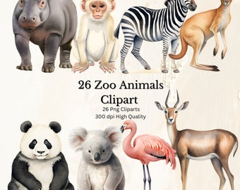Zoo Tiere Clipart, 26 digitale Aquarell Zoo Tier Illustrationen für Ihr Handwerk, Png, 300 dpi, hohe Auflösung