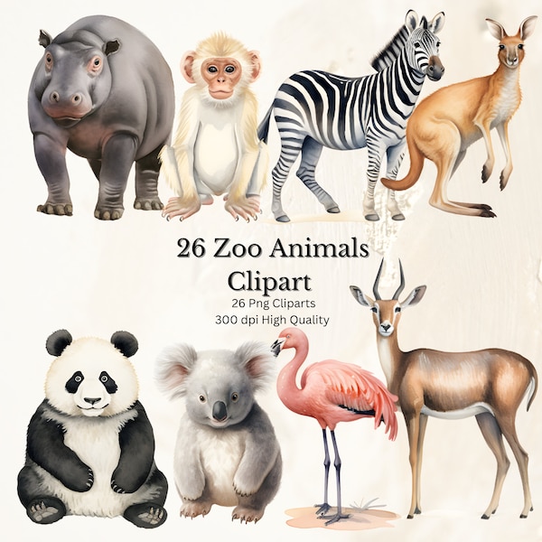 Zoo Animals Clipart, 26 Digital Watercolour Zoo Animal illustrations for your crafts, Png, 300 dpi, High Resolution