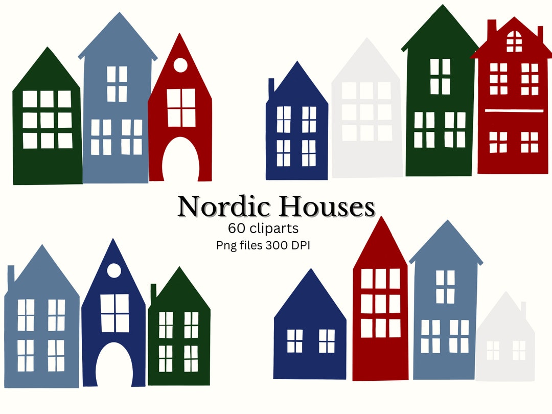 Christmas Nordic Houses Clipart Village Scene, 60 Handrawn Images With